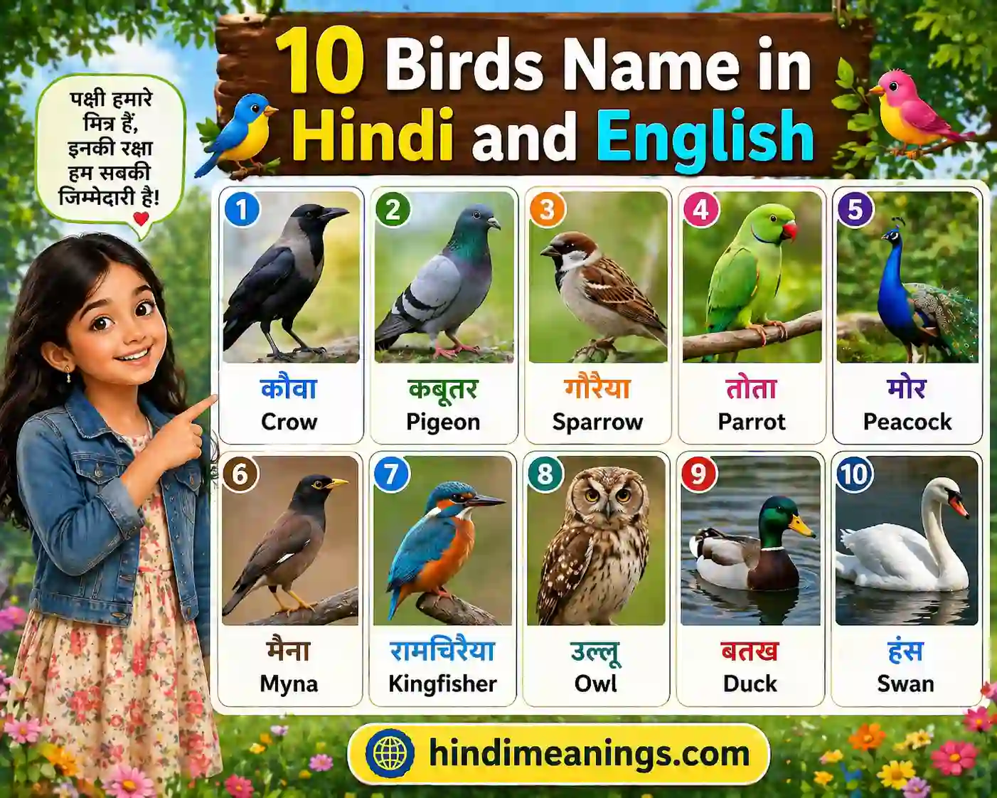 10 birds name in Hindi and English