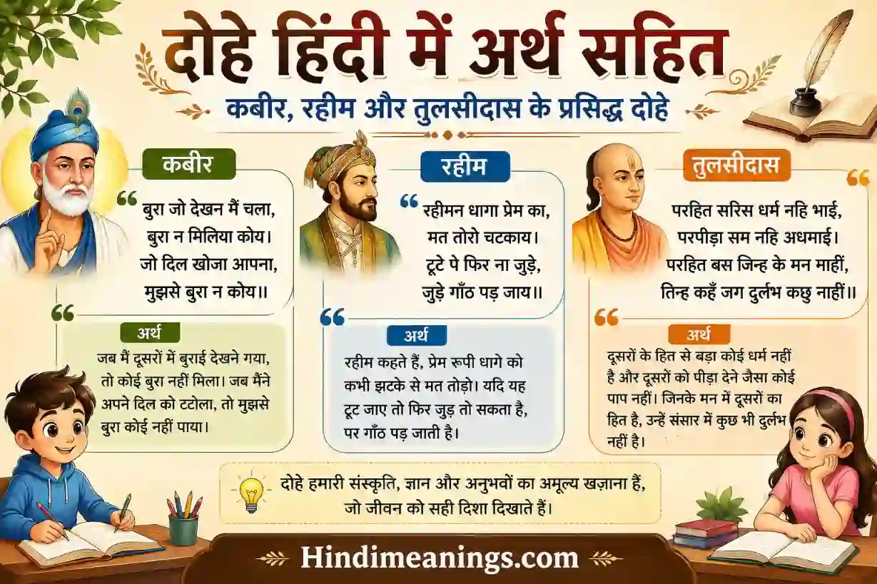 दोहे हिंदी में अर्थ सहित – कबीर, रहीम और तुलसीदास के प्रसिद्ध दोहे